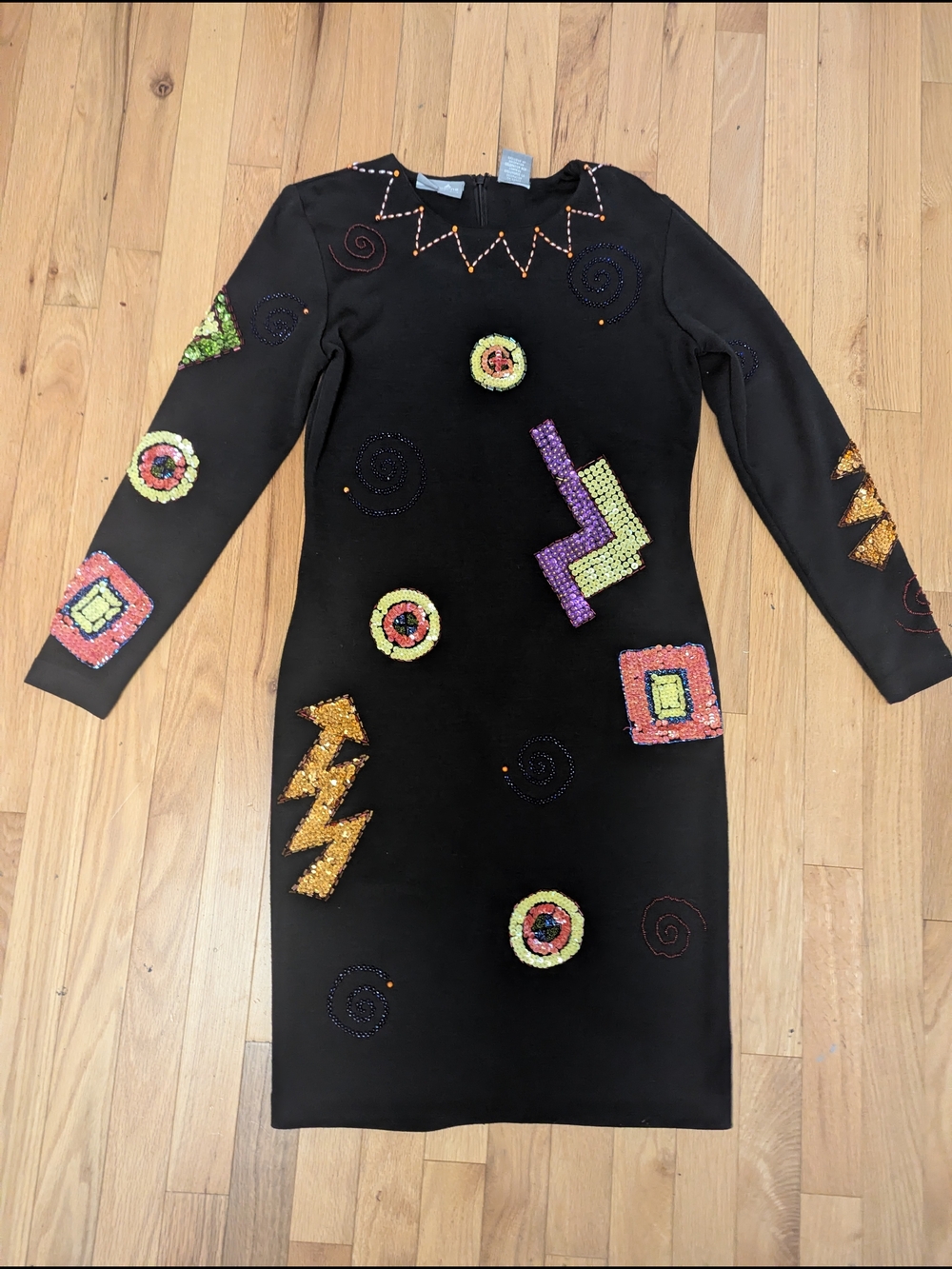 Vintage Liz Claiborne Black Long-Sleeve Shift Dress, Sequined + Beaded, 80s 90s